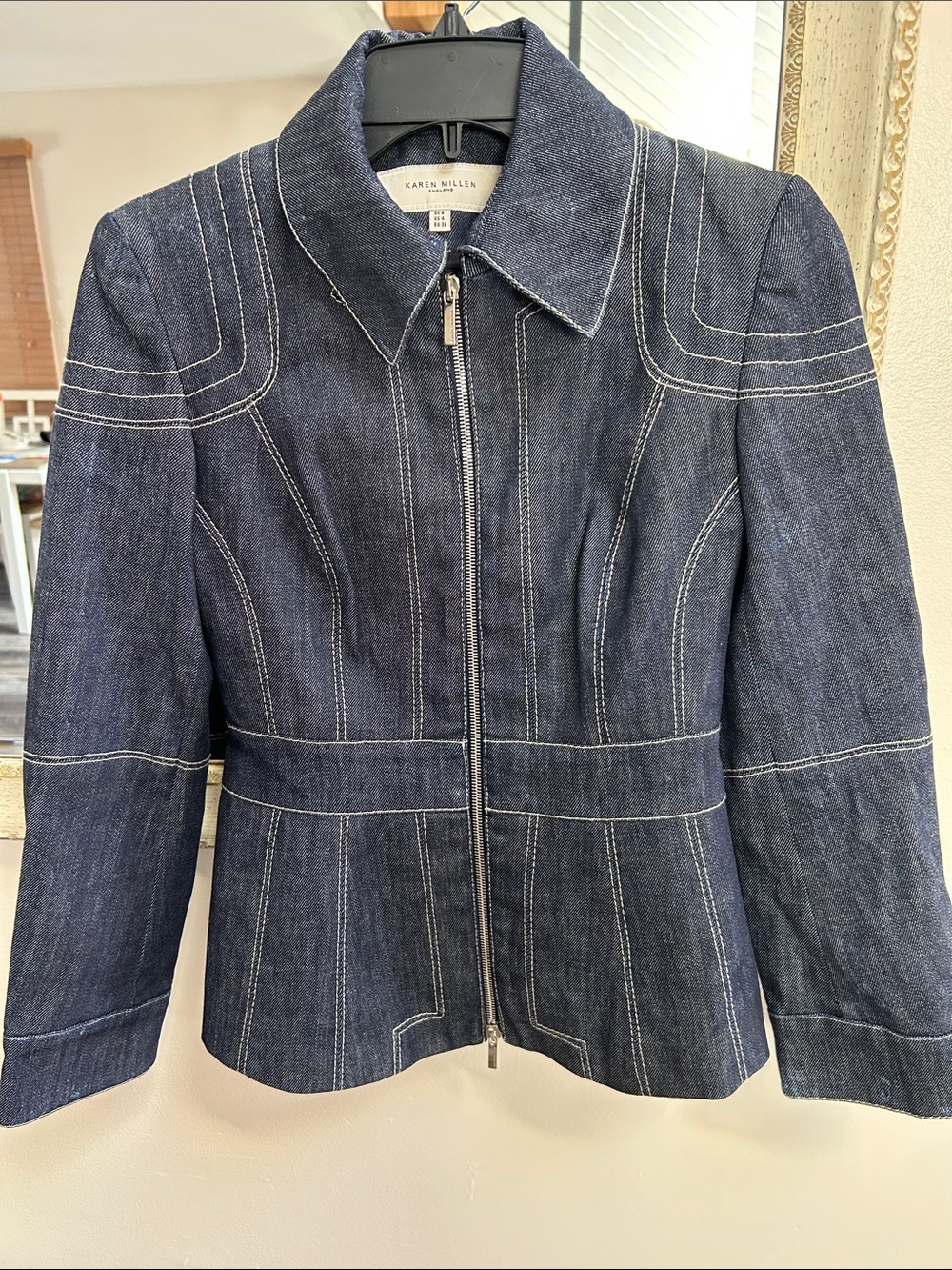Karen Millen Navy Denim Zip-Up Jacket with Contrast Stitching